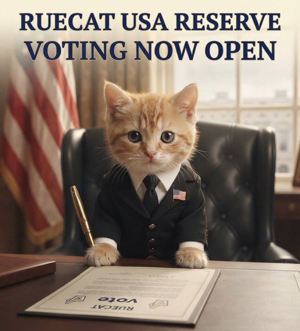 A meme image of an orange kitten dressed in a suit and tie sitting at a desk with a 'VOTE' document, with text reading 'RUECAT USA RESERVE VOTING NOW OPEN'.