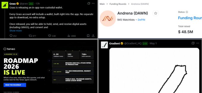 The image is a collage of four screenshots related to DePIN projects: a tweet from **Grass (@trygrassHQ)** about its upcoming in-app non-custodial wallet with 452K views, a **Messari** page showing **Andrena (DAWN)** has raised **$48.5M**, a **Teneo 2026 roadmap** highlighting 6.5K community nodes and Q1-Q2 milestones, and a sketch post from **GradientHQ**. These visuals illustrate updates on the DePIN projects discussed in the accompanying post about upcoming token launches.