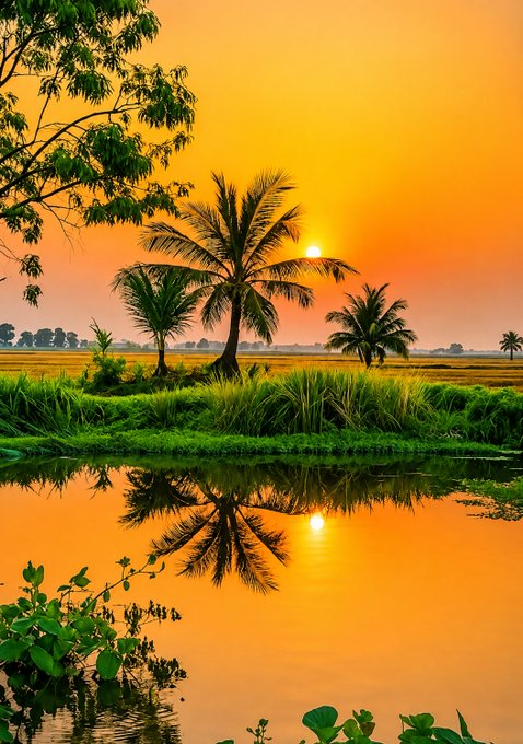 A vibrant orange sunset over a tropical landscape with silhouetted palm trees, green fields, and the reflection of the sun and trees in a calm body of water.