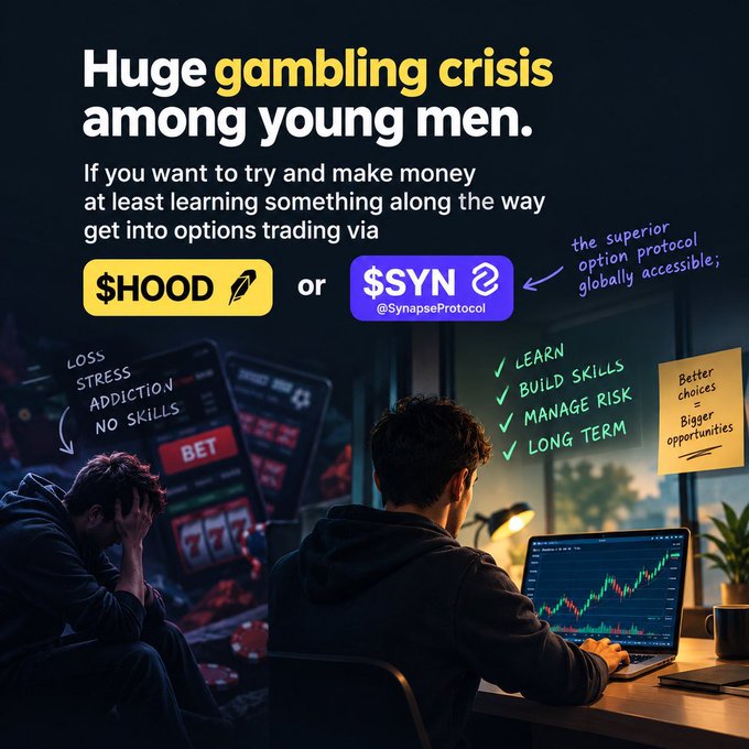 A social media graphic contrasting gambling (LOSS, STRESS, ADDICTION, NO SKILLS) with options trading using $HOOD or $SYN (@SynapseProtocol), promoting benefits like LEARN, BUILD SKILLS, MANAGE RISK, LONG TERM.
