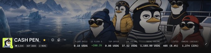 A crypto token page on a tracking site for 'CASH PEN', featuring an illustration of penguins wearing sunglasses and nautical outfits in an arctic setting, showing a price of 0.18 USDG.