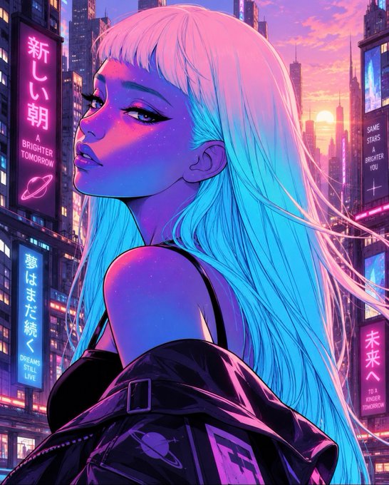 A cyberpunk-style anime illustration of a woman with long light blue hair and bangs, surrounded by neon signs in Japanese and English reading 'A BRIGHTER TOMORROW' and 'DREAMS STILL LIVE'.