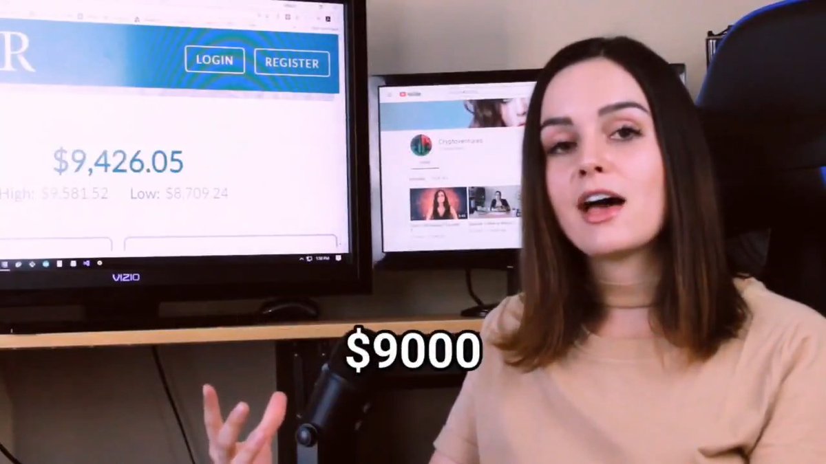 A woman speaking into a microphone in front of two monitors, with a screen displaying '$9,426.05' and a '$9000' text overlay.