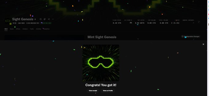 A screenshot of a digital collectible interface titled 'Sight Genesis' showing a green pixelated sunglasses icon with the message 'Congrats! You got it!' and buttons for 'View receipt' and 'View on Profile'.