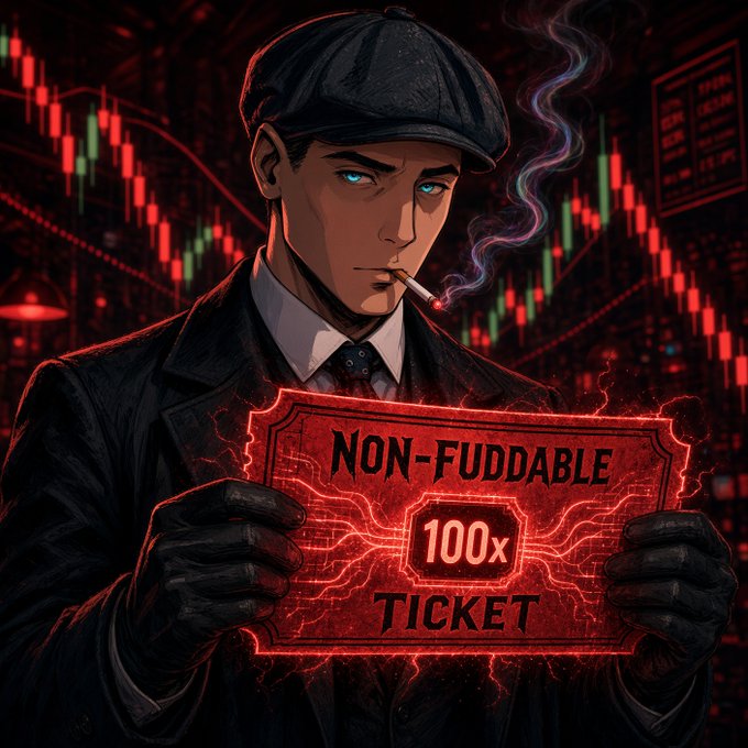 An anime-style illustration of a man in a flat cap and dark coat smoking a cigarette, holding a glowing red 'NON-FUDDABLE 100x TICKET' against a background of red stock market candlestick charts.
