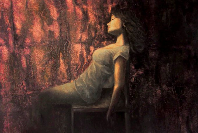 An artistic, textured painting shows a woman with long dark hair sitting in a chair against a dark red, shadowy backdrop.