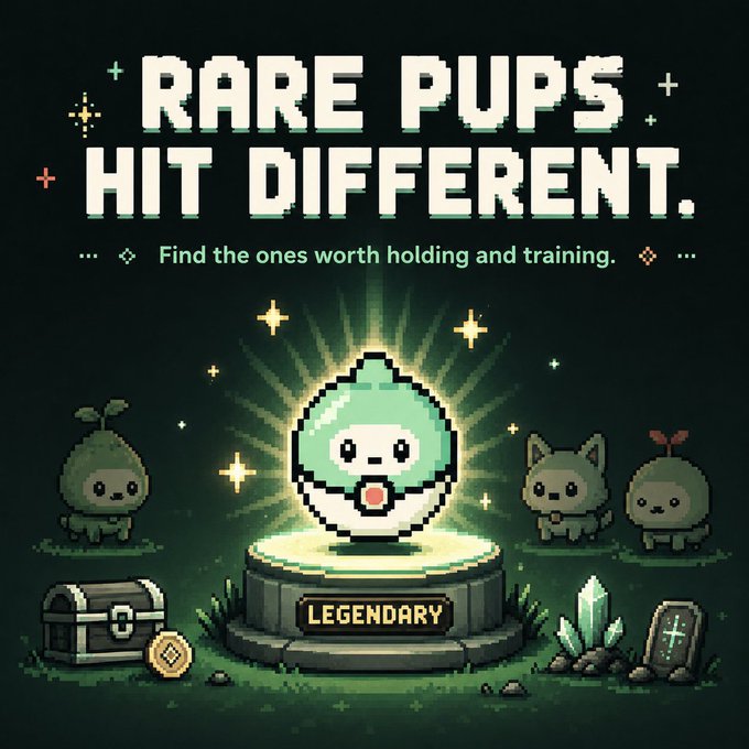 The pixel-art image displays the text "RARE PUPS HIT DIFFERENT" and "Find the ones worth holding and training," featuring a glowing Legendary creature on a pedestal surrounded by other pups, a treasure chest, and crystals. This visually reinforces the post's message about identifying and collecting the rarest pups before their value becomes widely recognized.