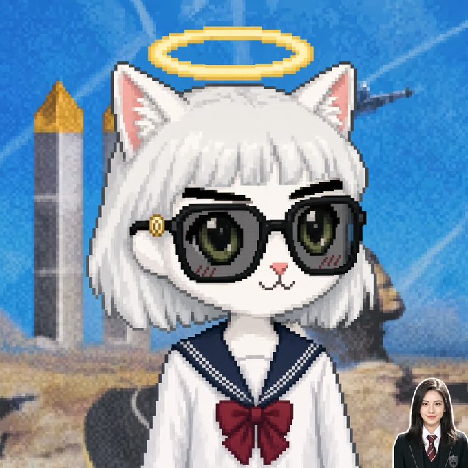 A pixel art illustration of an anime-style white cat girl with glasses, a halo, and a school uniform with a red bow, set against a blue background featuring a stone tower.