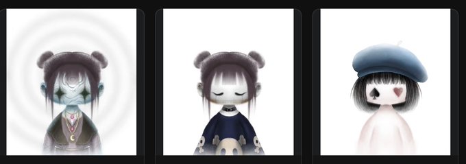 Three stylized chibi-style character illustrations with dark hair in double buns, wearing different outfits against white backgrounds.