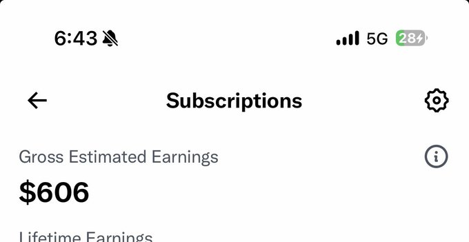 A mobile screenshot shows a "Subscriptions" page displaying a "Gross Estimated Earnings" of "$606" and the beginning of a "Lifetime Earnings" figure. The image represents the creator's milestone earnings, symbolizing the financial breakthrough they promise will benefit the supporters who "fed me at my lowest."