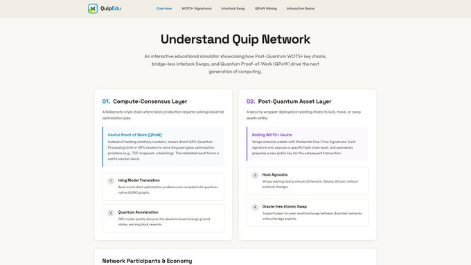 The image shows a screenshot of a website called "Understanding Quip Network", which appears to be about Quantum-resistant security for hardware. The website has a white background with black text that provides information about QUIPs, or Quantum-resistant input primitives, and how they can be used to secure wallet keys on devices.