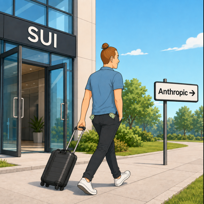 A cartoon-style illustration of a man in a blue shirt and dark pants pulling a suitcase out of a glass-fronted building labeled 'SUI', walking toward a directional sign that points to 'Anthropic'.