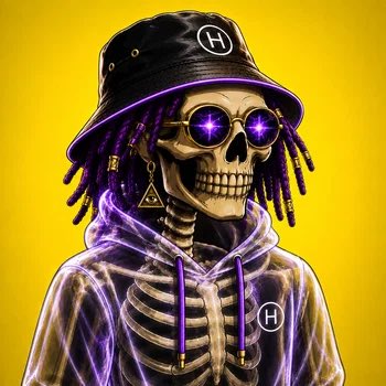 A digital illustration of a skeleton wearing a black bucket hat and hoodie with an 'H' logo, featuring purple glowing eyes and dreadlocks against a yellow background.