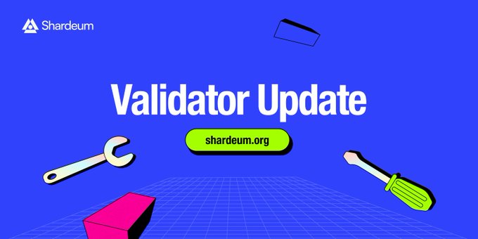 A digital graphic for 'Shardeum' blockchain project titled 'Validator Update' featuring 3D-rendered tools including a wrench and screwdriver on a blue grid background, with the URL 'shardeum.org'.