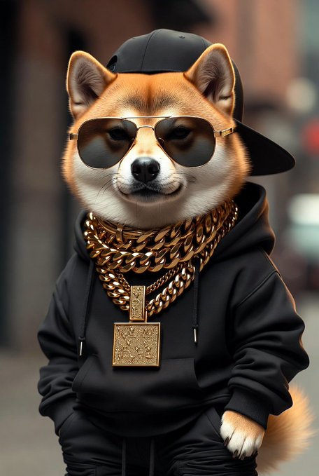 The image features a dog wearing sunglasses, a black hoodie with gold chains, and a hat. The dog appears to be posing for a photo or drawing, possibly as part of an artistic project. The caption "Creative @grok" suggests that this image might have been created by someone who is interested in the concept of dressing up animals or making art from everyday objects.
