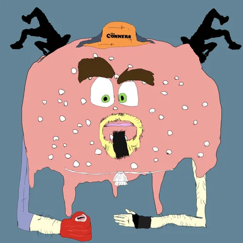 A bizarre pink blob creature wearing an orange 'The Conners' cap features mismatched facial features, dangling limbs, and black stick-figure shapes in the background.