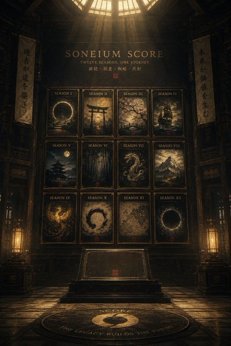 A dark, atmospheric poster titled 'SONEIUM SCORE: TWELVE SEASONS ONE JOURNEY' showing twelve framed season artworks arranged in a grid, with Japanese-style banners and a glowing altar at the bottom inscribed with 'THE LEGACY BUILDS THE FUTURE.'