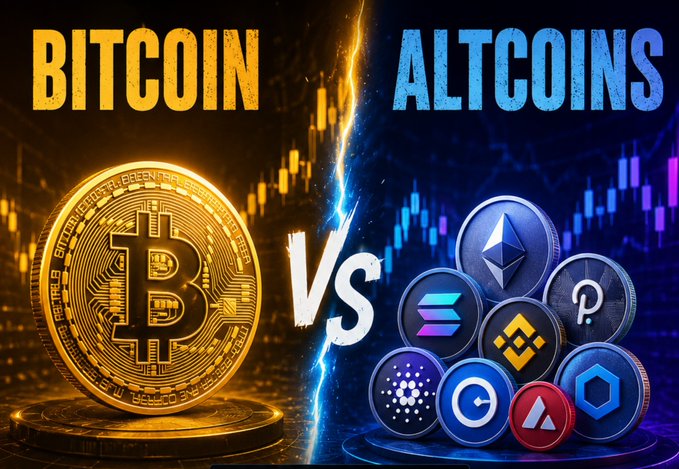 Promotional graphic titled 'BITCOIN VS ALTCOINS' showing a large gold Bitcoin coin on the left and various altcoin symbols including Ethereum, Solana, and others on the right, separated by a lightning bolt.
