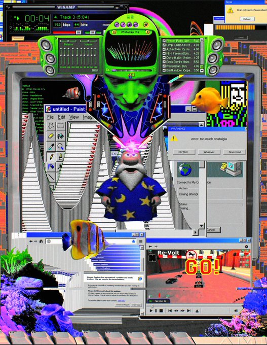 A chaotic digital collage in retro internet art style featuring a green mask, a wizard, tropical fish, a Winamp player, error pop-ups ('error: too much nostalgia'), and various overlapping computer windows.