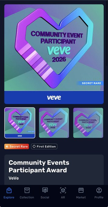 A VeVe digital collectible card titled "Community Events Participant Award" marked as "Secret Rare" and "First Edition," dated 2026, shown in the VeVe app interface.