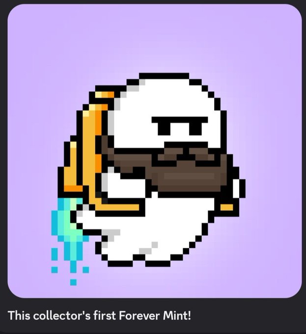 A pixel-art collector's digital mint titled 'This collector's first Forever Mint!' shows a white helmeted figure with an orange visor dripping cyan liquid against a purple background.