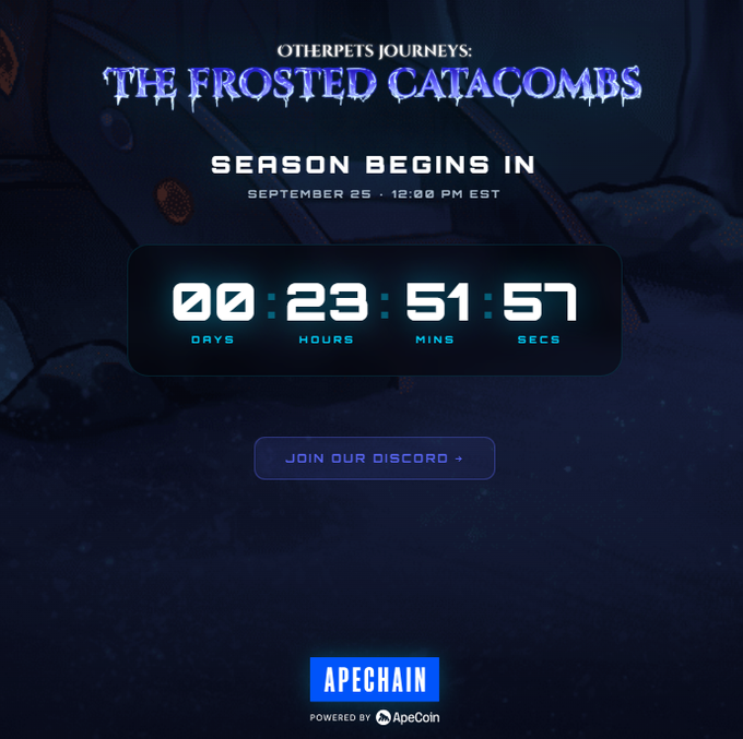 A countdown timer webpage for 'OTHERPETS JOURNEYS: THE FROSTED CATACOMBS' showing the season begins September 25 at 12:00 PM EST with a timer at 00 days, 23 hours, 51 minutes, 57 seconds, featuring an ApeChain logo at the bottom.