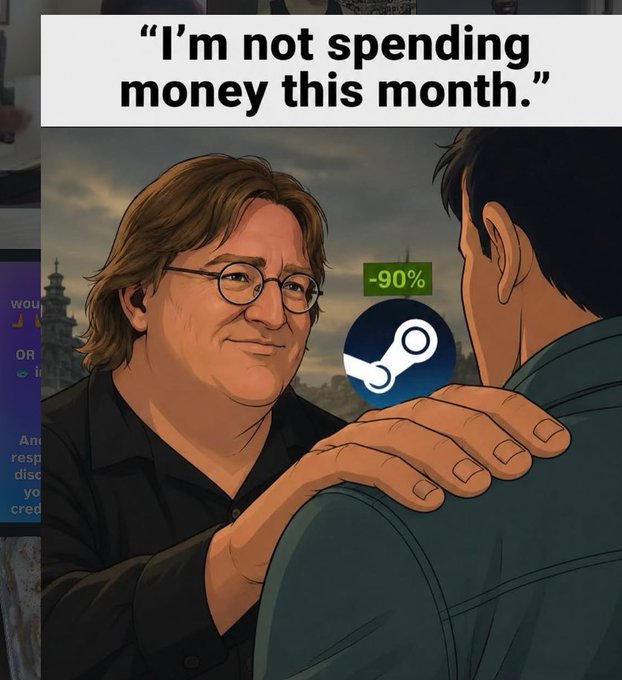 An illustrated Gabe Newell places a hand on a man's shoulder with the Steam logo showing a "-90%" discount tag, captioned "I'm not spending money this month." The image humorously relates to the post's theme of impulsive Steam sale purchases, NFTs, and missed investment gains.