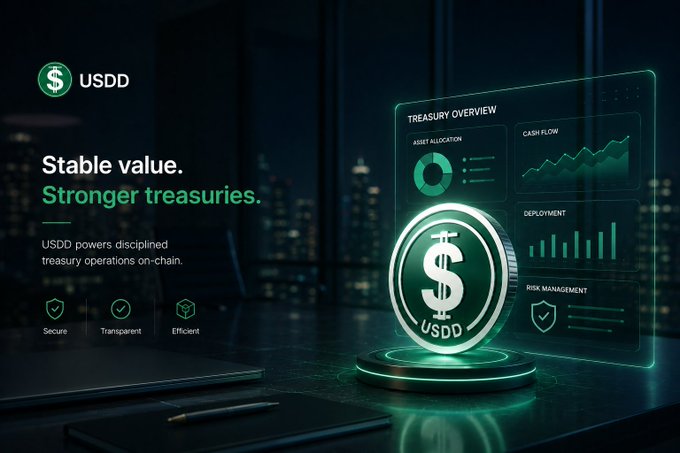 A promotional graphic for USDD stablecoin with the tagline 'Stable value. Stronger treasuries.' alongside a 3D coin and a digital dashboard displaying treasury overview metrics.
