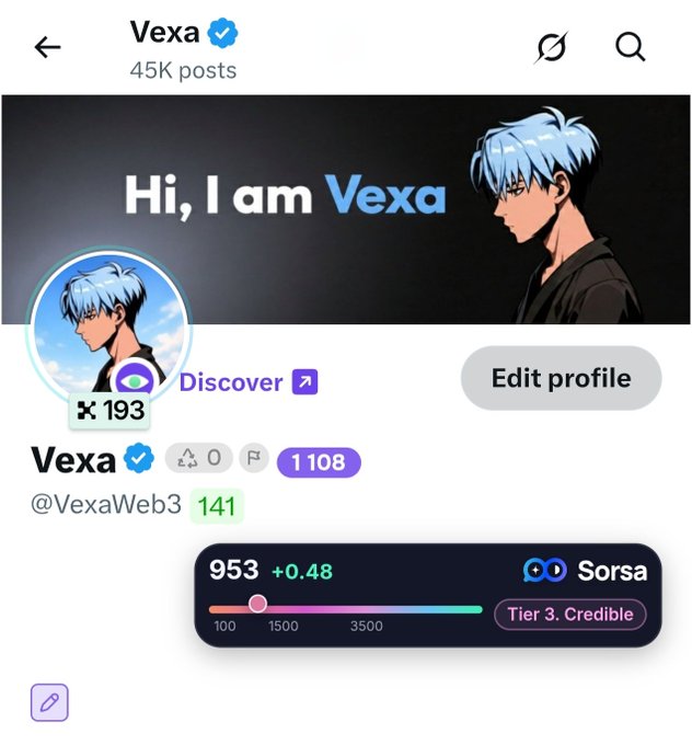A social media profile page for 'Vexa' (@VexaWeb3) with a blue verification checkmark, showing '45K posts', a 'Sorsa' score of 953 (+0.48) at 'Tier 3. Credible', and a banner reading 'Hi, I am Vexa' with an anime-style blue-haired character.