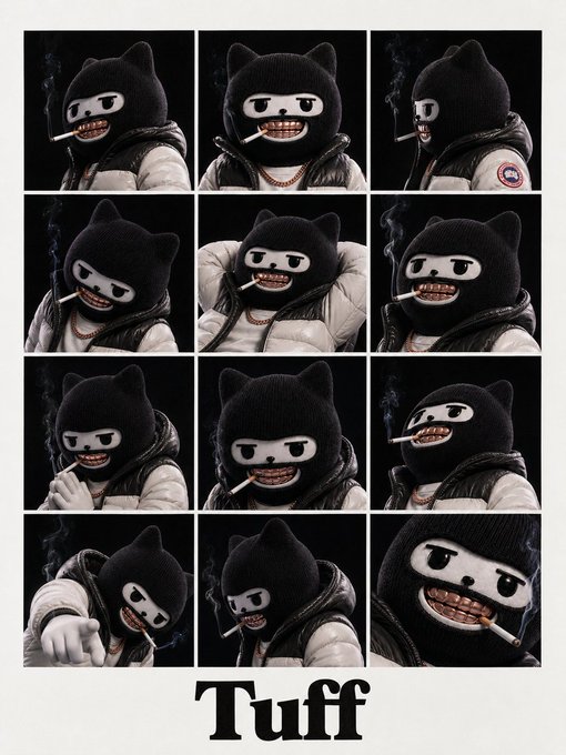 A grid of 12 images showing a figure wearing a black cat-print beanie over a balaclava while smoking a cigarette, with the word "Tuff" displayed at the bottom, matching the caption's emphasis on the character's rugged, intimidating aesthetic.