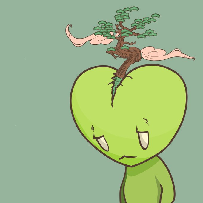 A cartoon illustration of a smiling, heart-shaped green character with a small bonsai-like tree growing out of its head, set against a solid light green background.