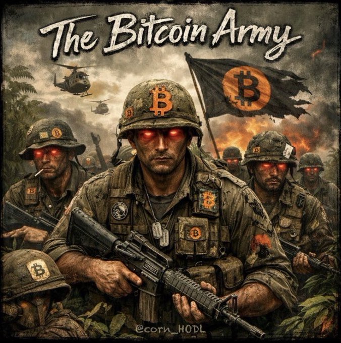 A dramatic, war-themed digital artwork titled "The Bitcoin Army" depicting soldiers in combat gear with Bitcoin logos on their helmets and a Bitcoin flag, featuring glowing red eyes and a war-torn jungle background, signed @corn_HODL.