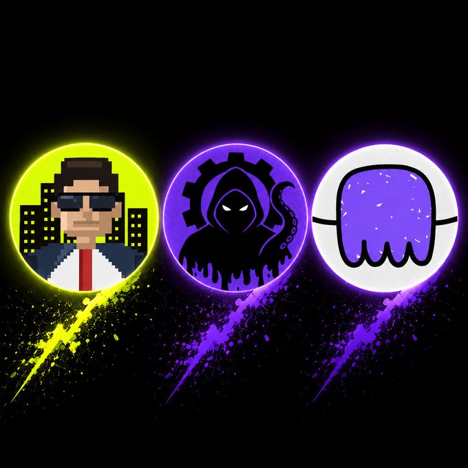 Three circular icons on a black background: a pixelated man with sunglasses and cityscape in yellow, a hooded figure with a gear and flames in purple, and a purple cartoon character in white.