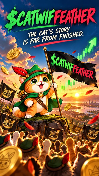 A cute orange cat dressed as a Robin Hood-like figure in green holds a flag reading "$CATWIFFEATHER" while standing atop a rock, surrounded by a cheering crowd waving matching cat flags with gold coins and a rising green chart in the background. The tagline "The cat's story is far from finished" reinforces the post's message about ongoing community support and the meme coin's continued momentum.