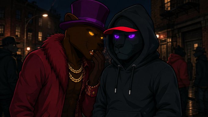 A digital illustration in an urban night setting showing two anthropomorphic animal characters: a feline figure wearing a purple top hat and red coat with gold chains, and a dog-like figure in a black hoodie with glowing purple eyes and a red cap underneath.