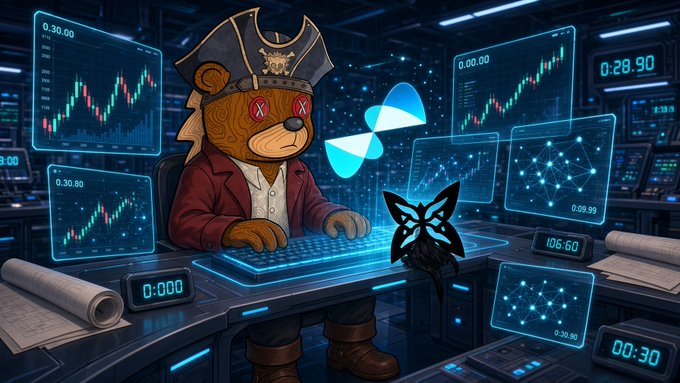 A digital illustration depicts an anthropomorphic bear dressed as a pirate working at a high-tech trading desk with cryptocurrency charts and a butterfly logo.