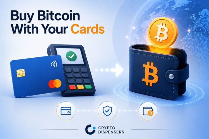 Advertisement for 'Crypto Dispensers' showing 'Buy Bitcoin With Your Cards' text, featuring a credit card, payment terminal, and a Bitcoin-themed wallet with a golden Bitcoin coin.