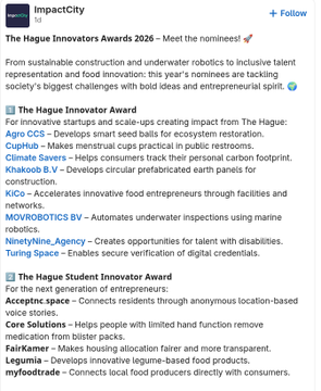 The image is an ImpactCity social media post announcing the "The Hague Innovators Awards 2026" nominees, listing various startups including Kuphus, Climate Savers, Khakoob B.V., KSQ, MOVROBOTICS BV, NinetyNine.Agency, and Turing Space for the current year's award, while also naming Acceptic space, Core Solutions, FairKamer, Legumio, and myfoodcrate as nominees for the next generation award. The post relates to the accompanying message by highlighting Turing Space's nomination for the Hague Innovator Award for their work on secure verification of digital credentials.