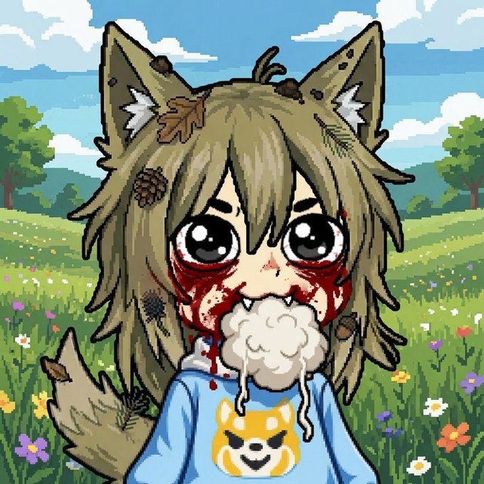 A pixel art illustration of a chibi-style wolf character with blood around its mouth, set against a grassy field. The image serves as a stylized mascot for the Urufu project mentioned in the text.