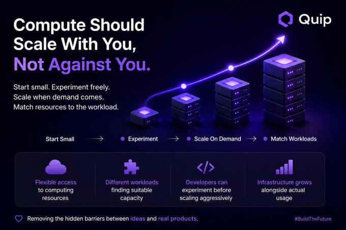A dark purple graphic for Quip featuring stacks of server racks with an upward-rising arrow, highlighting the tagline "Compute Should Scale With You, Not Against You." The image visually reinforces the post's point about flexible, on-demand scaling—showing how infrastructure grows incrementally from "Start Small" to "Scale On Demand"—perfectly aligning with Quip's decentralized compute value proposition.