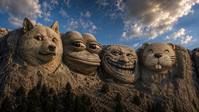Carved into a mountainside against a dramatic sky, four iconic meme faces—doge, trollface, "I'm like whatever" bear, and Spongebob—form a Mount Rushmore of internet culture, setting the stage for "Chonketha" the beaver to join the meme pantheon as referenced in the post.