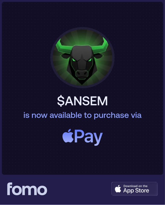 A promotional graphic from Fomo announces that the $ANSEM meme token is now available for purchase via Apple Pay, featuring the token's signature green bull logo. The image visually supports the post's claim by highlighting the accessibility of $ANSEM through Apple Pay, which has attracted 1500+ unique buyers within 48 hours.