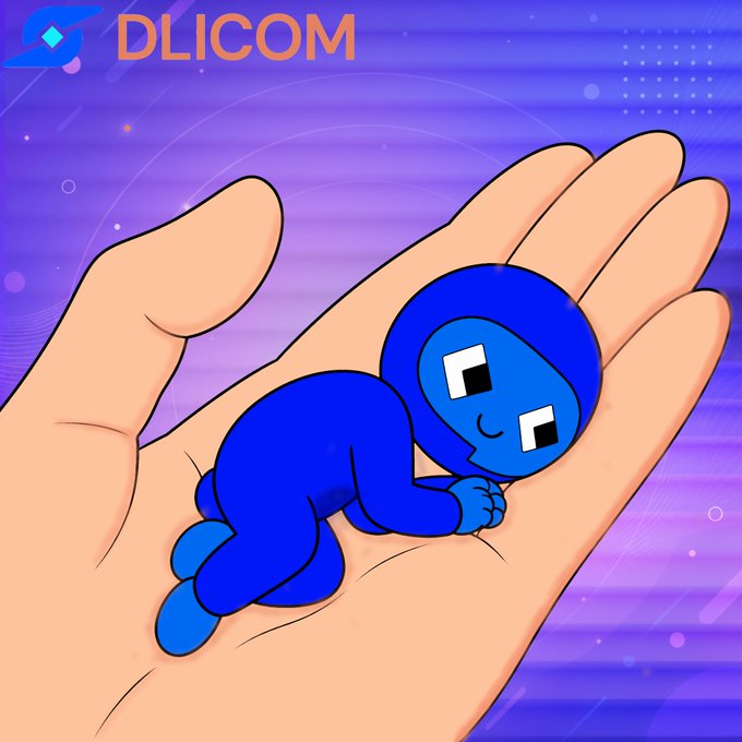 A cartoon-style promotional graphic for 'DLICOM' showing a small blue alien-like character sleeping peacefully in the palm of a large hand against a purple and blue background.
