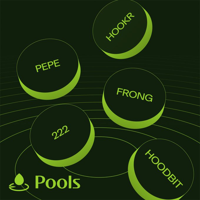 A dark graphic titled "Pools" featuring five green isometric circular tokens labeled "PEPE," "HOOKR," "FRONG," "222," and "HOODBIT," illustrating the day's top-performing tokens on the Pools platform. The floating token design visually represents the dynamic, ever-changing lineup of leading assets highlighted in the post.