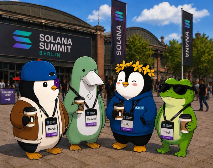 The image features a group of cartoon penguins standing together, each holding a cup of coffee. The penguins are dressed in various outfits, including blue jackets with "Solana Summit Berlin" written on them. One of the penguins has a name tag that reads "Marcy". In addition to the penguins and their cups of coffee, there is also a person visible in the image who appears to be wearing sunglasses. The scene takes place outside an event venue or building, possibly related to the Solana Summit Berlin conference.