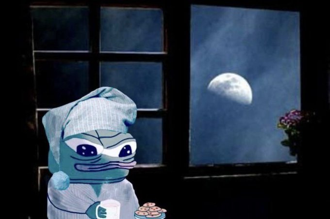 A Pepe the Frog character wearing a striped nightcap and pajamas stands in a dark room holding a cup, looking out a window at a half moon.