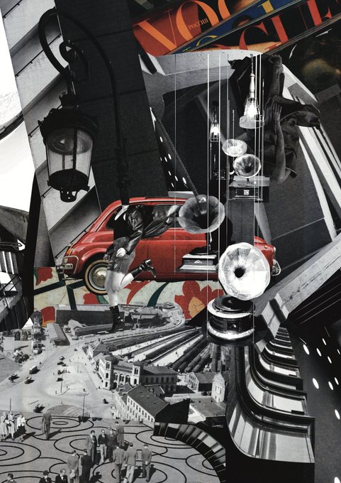 A complex black-and-white and color collage artwork featuring a red vintage car, a streetlamp, hanging chandeliers, and miniature architectural and figure elements in a surreal composition.