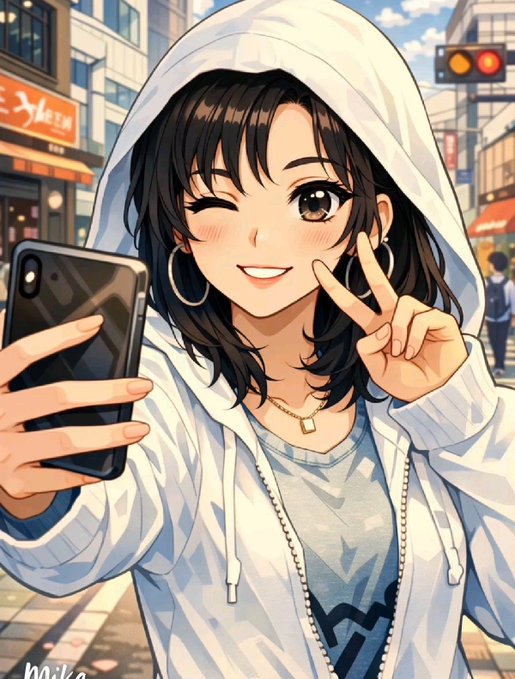 An anime-style illustration of a smiling girl with dark hair taking a selfie with her phone and making a peace sign, wearing a white hoodie in an urban setting with a traffic light.