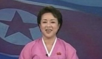 A North Korean news anchor in a pink traditional hanbok reports from a studio featuring the country's flag emblem, contrasting her composed authority with the chaotic crypto trading post ridiculing Pumpfun traders' poor performance statistics.