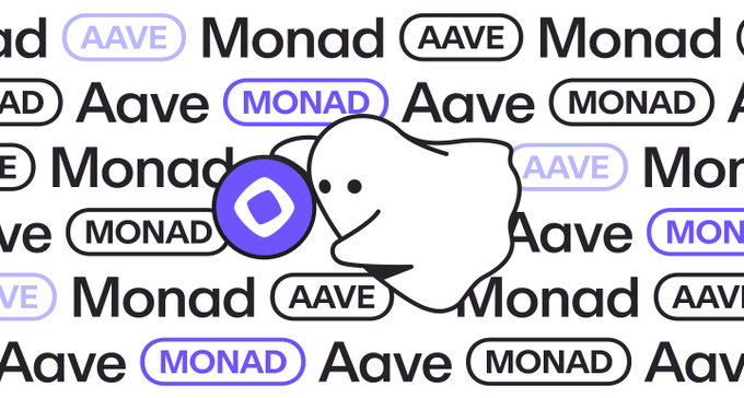 The image features a repeating pattern of "Monad" and "Aave" text in various styles (bold, outlined, and pill-shaped badges in purple and black), with a ghostly white character holding the purple Monad logo at the center. The composition visually reinforces the post's announcement about Aave V4's proposed deployment on Monad, with the ghost character symbolically "bringing" the Aave protocol to the Monad blockchain.